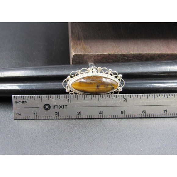 Size 5.5 Sterling Silver Fancy Long Tiger's Eye Stone Band Ring Vintage - Picture 6 of 7